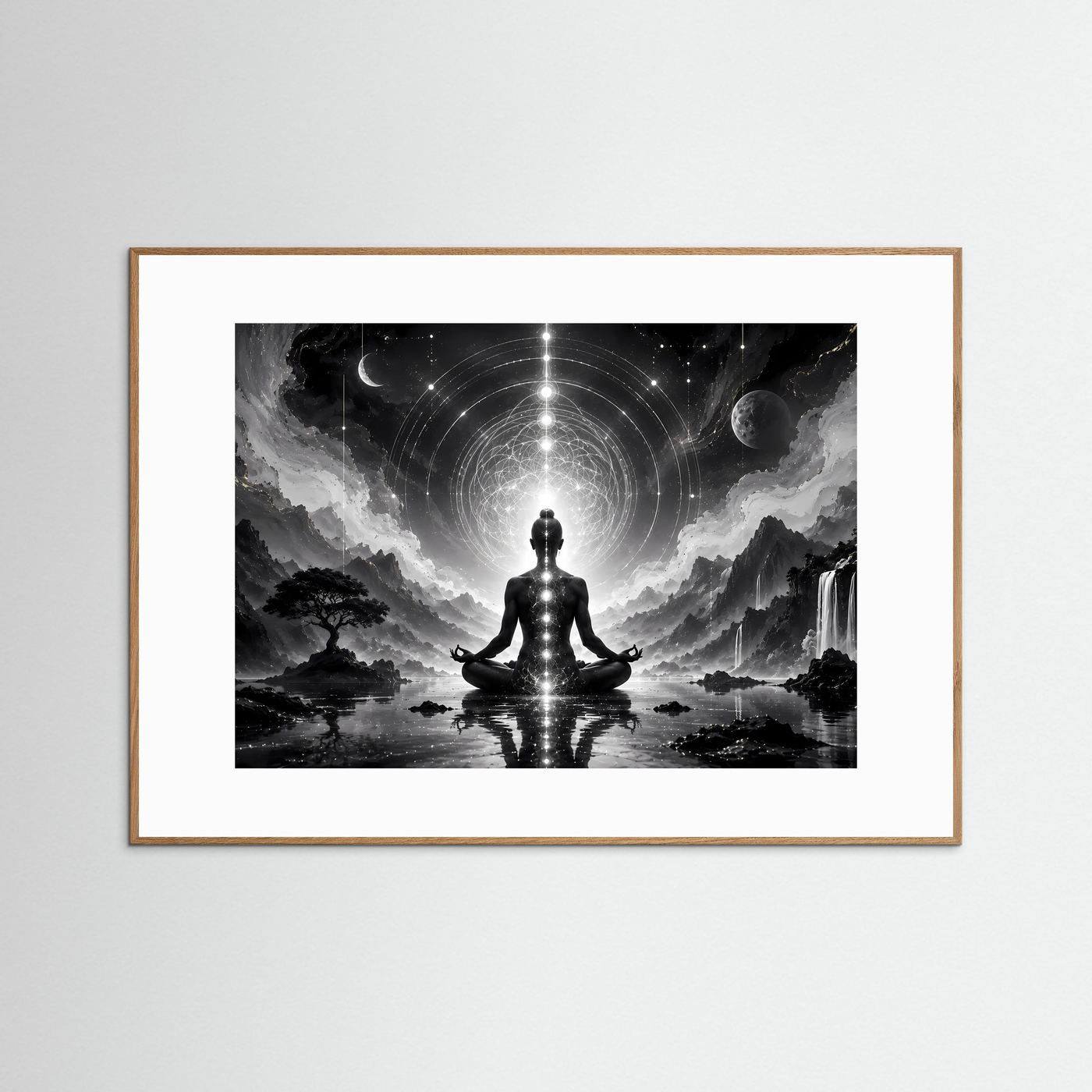 Meditation Schwarz Weiß | Spirituelles Wandbild mit Chakren & Heiliger Geometrie