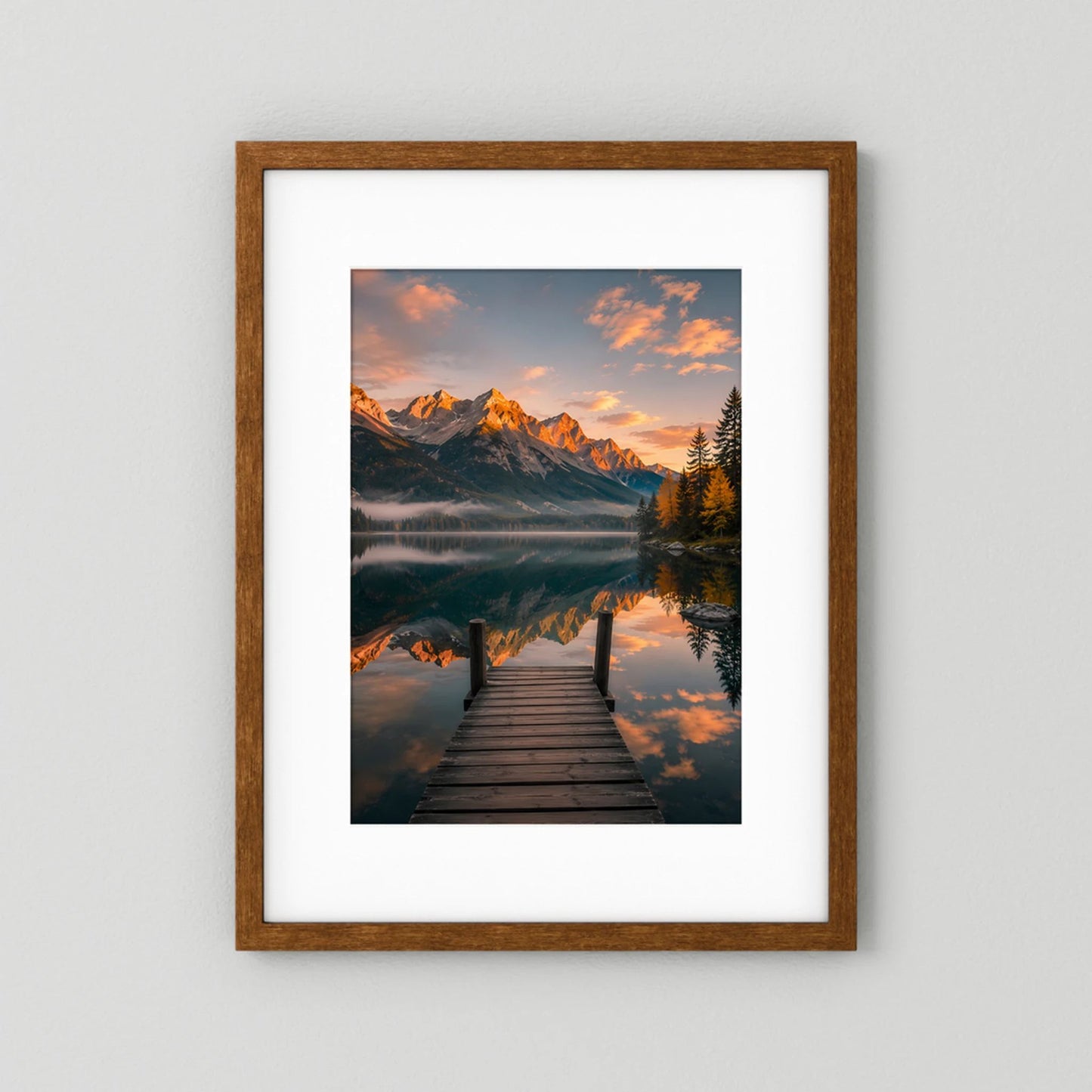Hochformatiges Kunstposter mit Holzrahmen und weißem Rand: Holzsteg auf spiegelndem See.