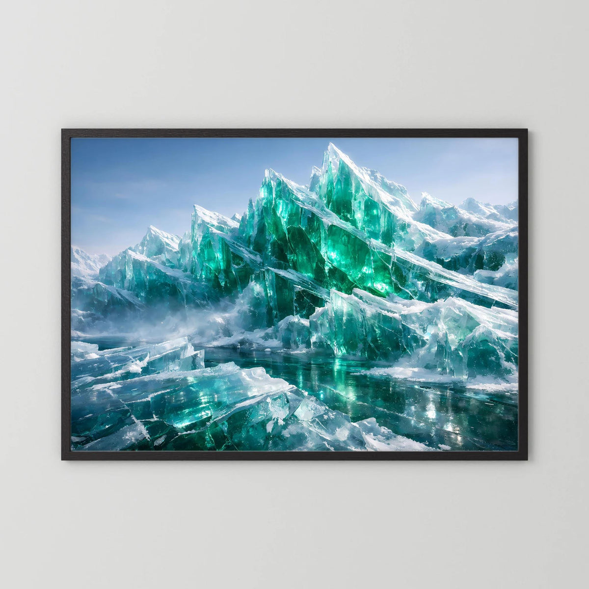 Wandbild mit smaragdgrünen Eisbergen im schwarzen Rahmen, Querformat