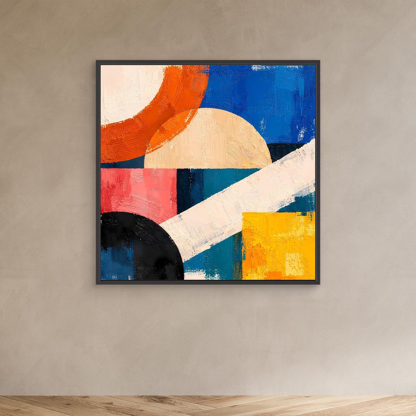 Canvas abstract geometric painting with black frame, diagonal white stripe, orange blue yellow