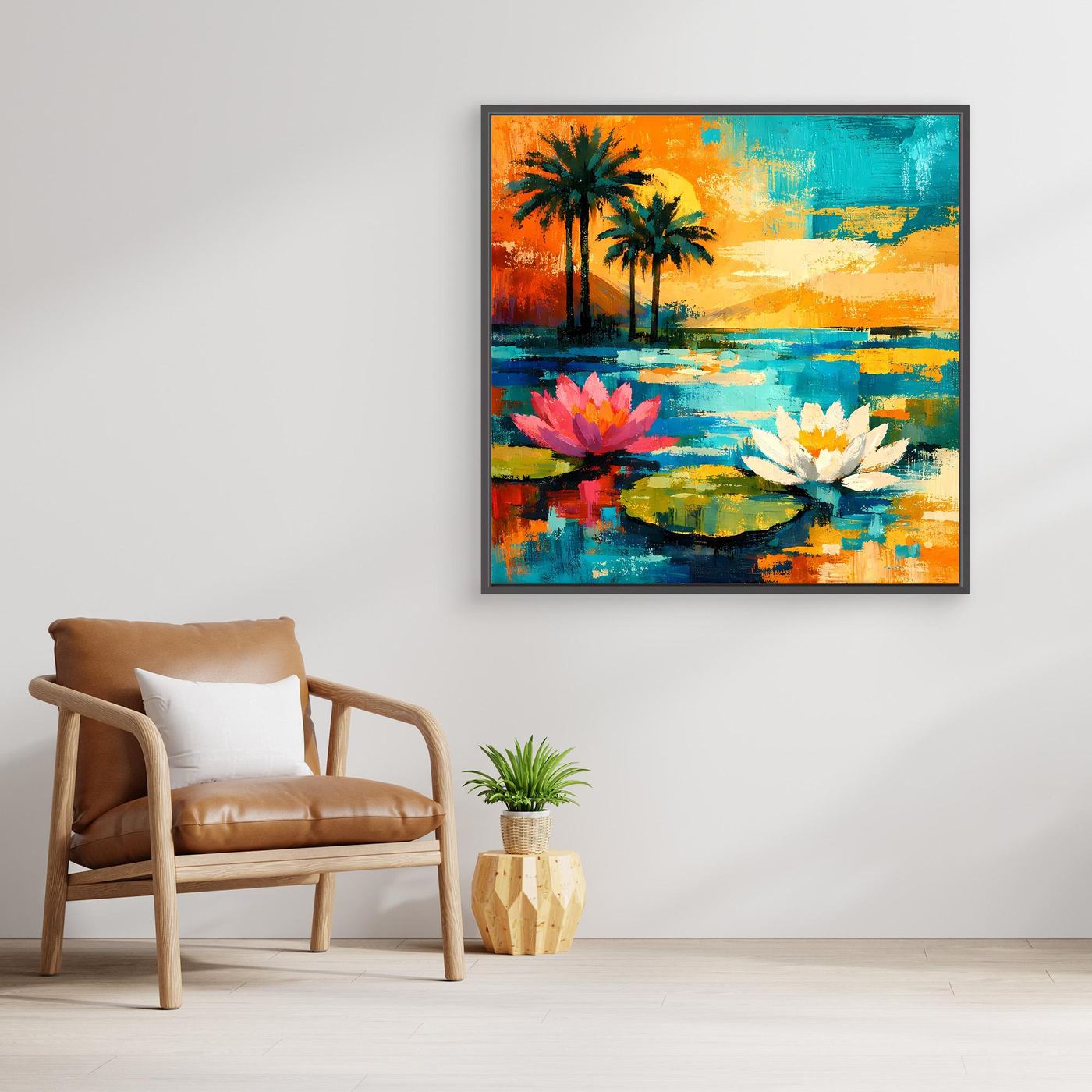 Abstraktes Leinwand-Wandbild: Palmenhorizont, Seerosen und spiegelndes Wasser in bunten Farben