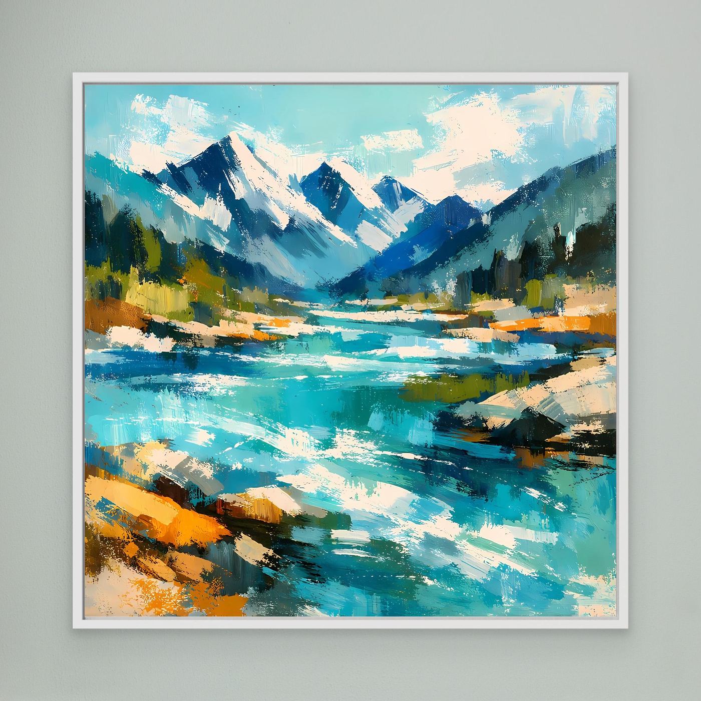Leinwand-Wandbild mit abstrakter Alpenlandschaft am Fluss, weißer Rahmen