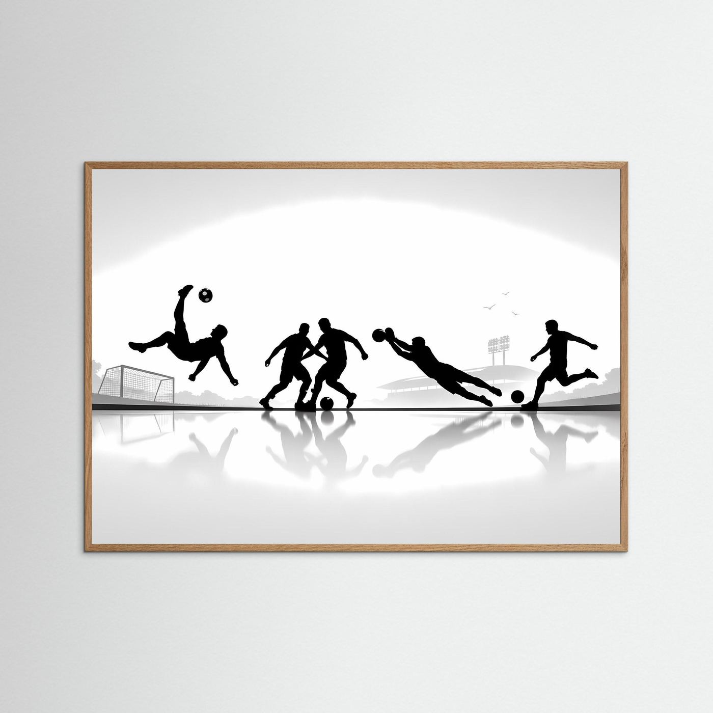 Fußball-Poster im braunen Holzrahmen mit schwarzweißen Spieler-Silhouetten, Querformat