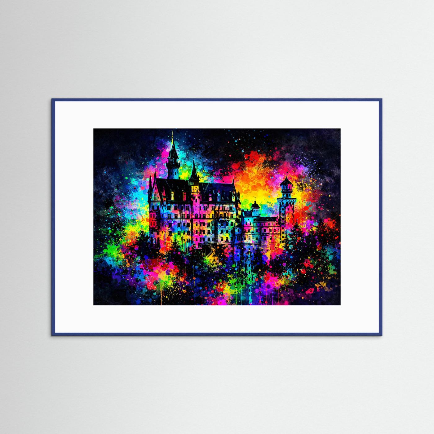 Märchenschloss Neuschwanstein in Farbexplosion | Buntes Schloss Wandbild & Kunst Poster Querformat
