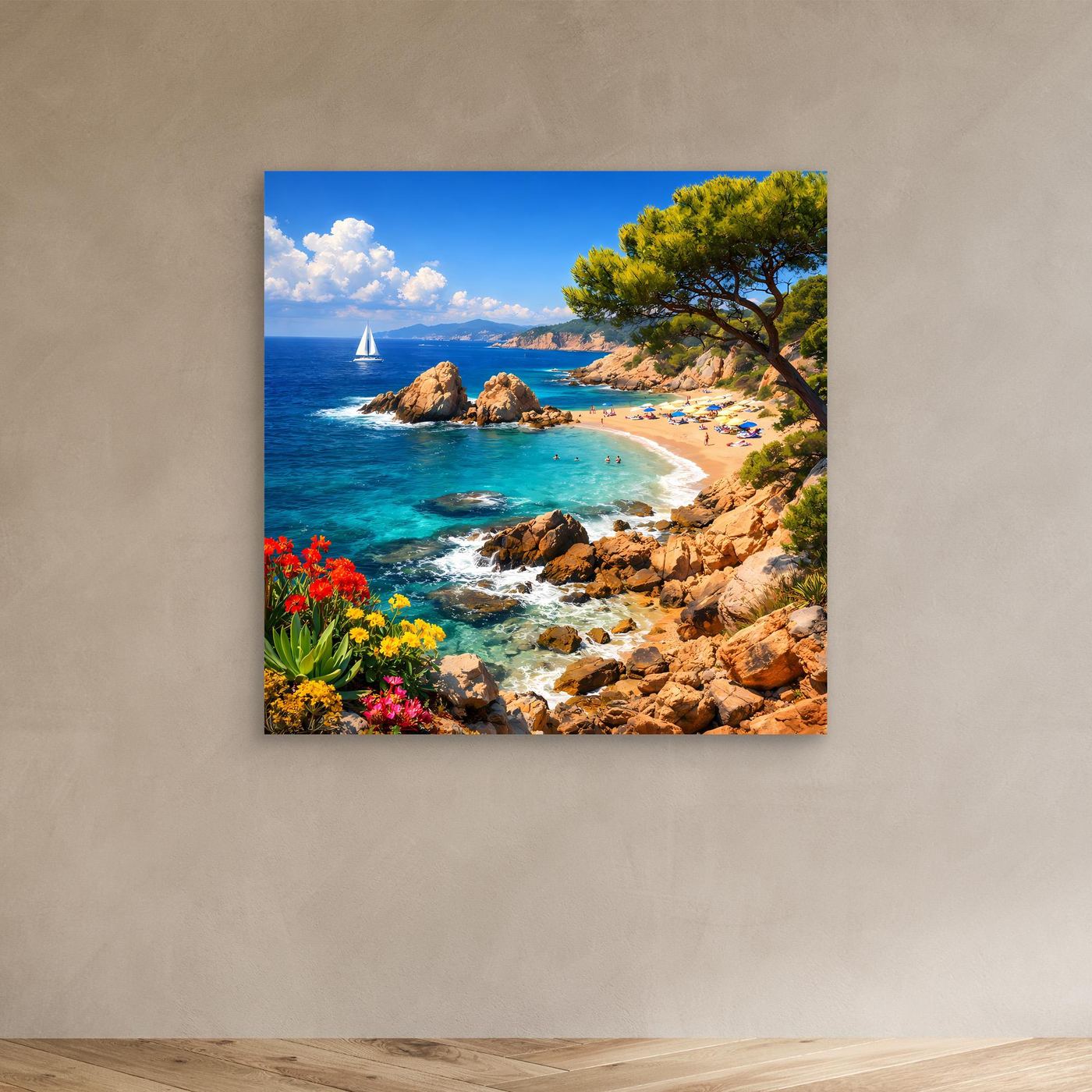 Leinwand-Wandbild mit mediterraner Küste, türkisfarbenes Wasser, Felsen und Blumen unten