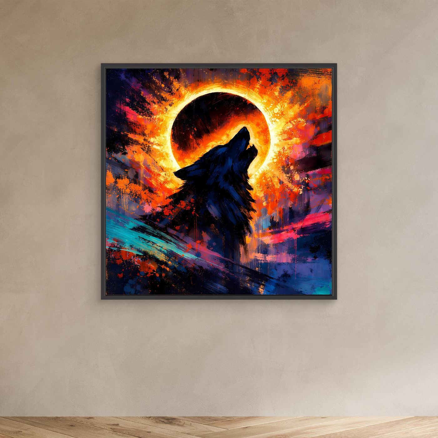 Gerahmtes Leinwand-Wandbild mit dunklem Rahmen: heulender Wolf im Sonnenfinsternis-Ring