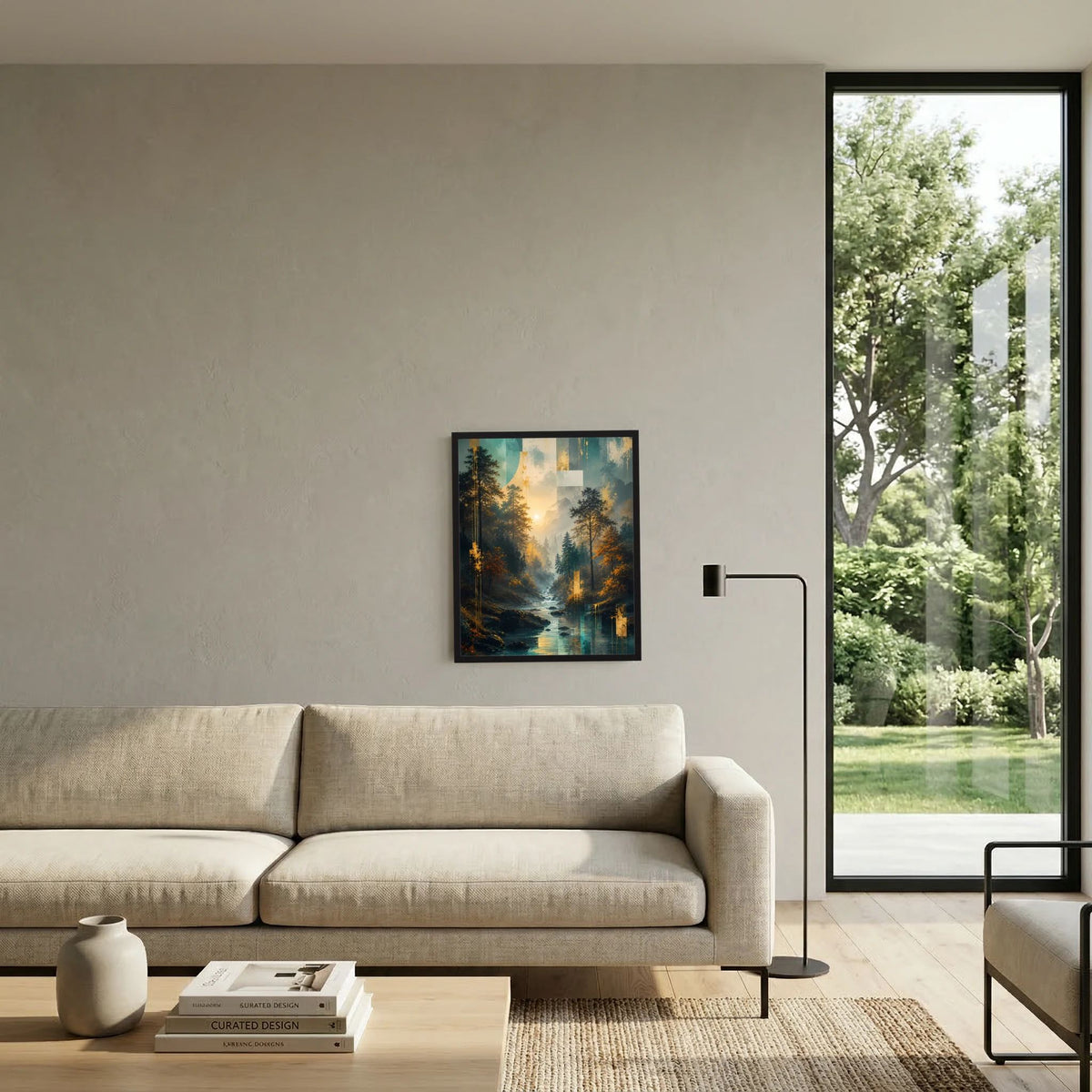 Gerahmtes Poster mit Wald und Fluss, abstrakte Landschaft mit goldener Sonne