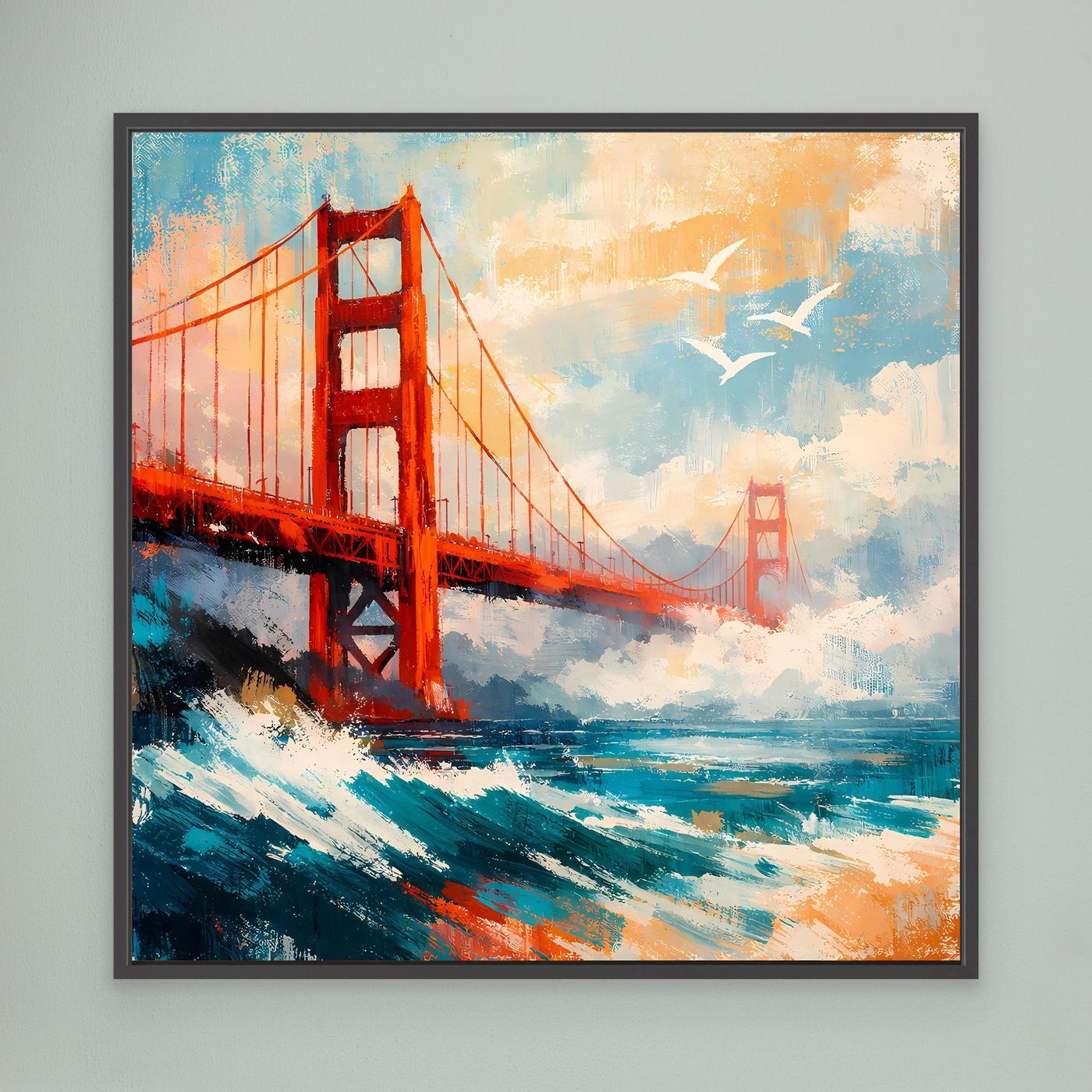 Abstraktes Wandbild Golden Gate Bridge, rote Brücke und türkisfarbene Pinselstriche, schwarz gerahmt