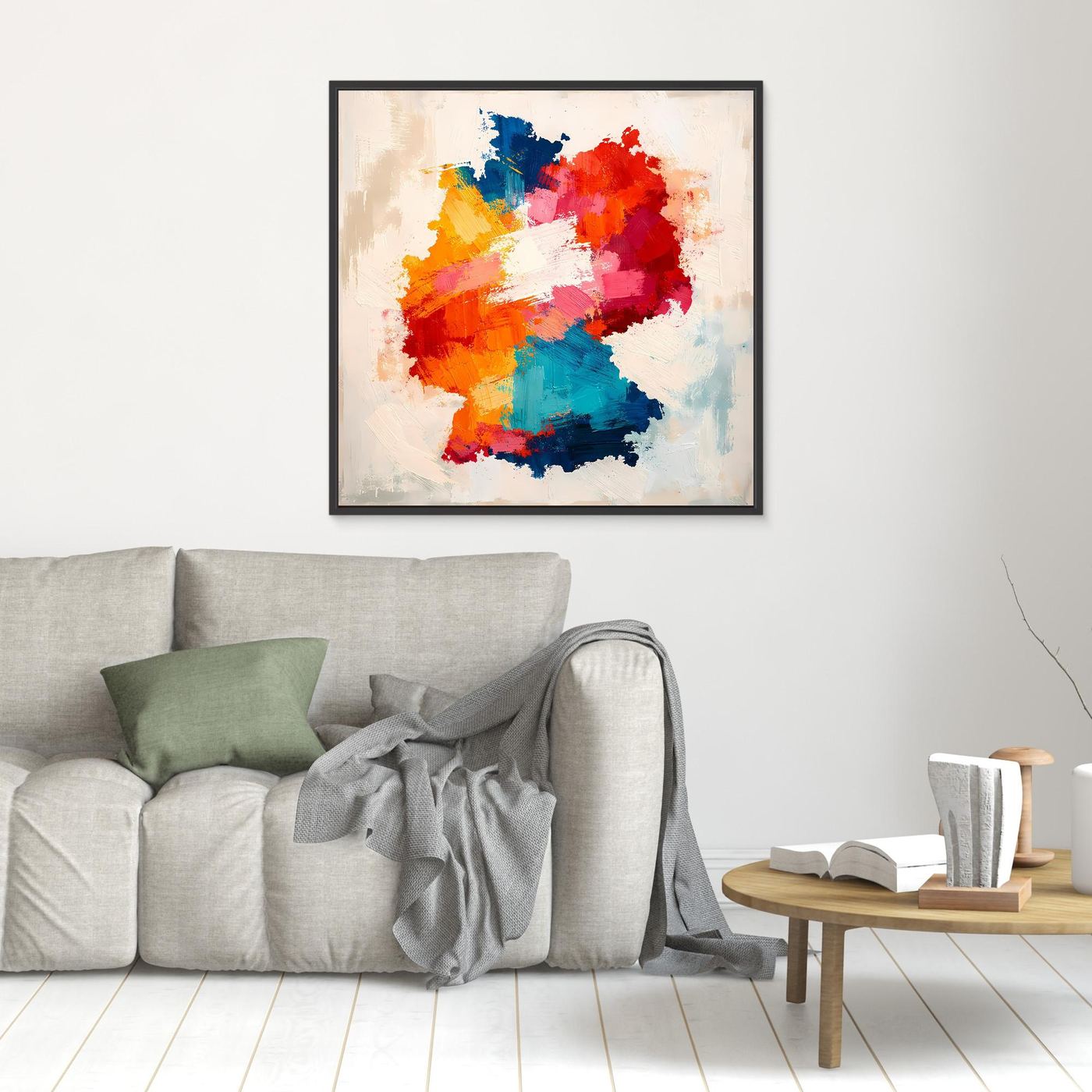 Small framed abstract canvas wall art with colorful map silhouette, black frame