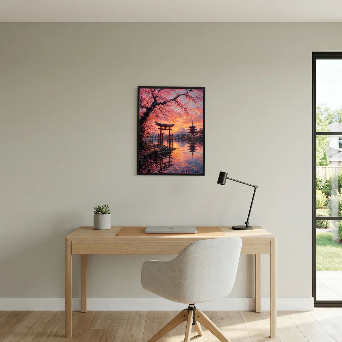 Japanisches Hochformat-Poster mit Kirschblütenzweigen, Torii und Fuji im Sonnenuntergang, schwarzer Rahmen.
