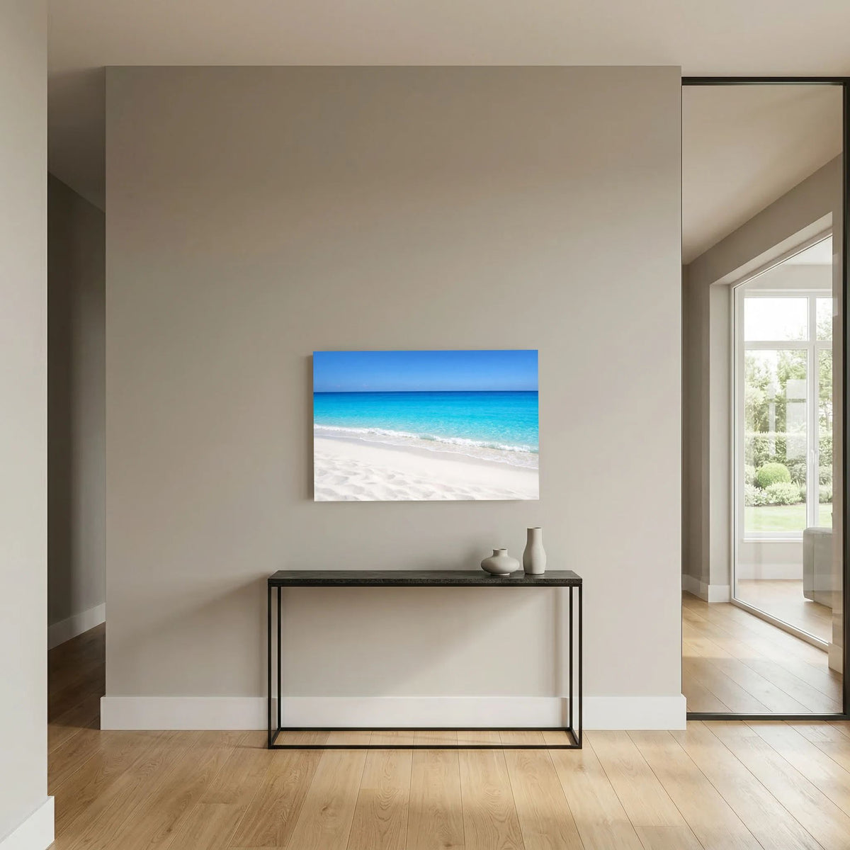 Wandbild mit türkisblauem Meer, hellem Sandstrand und blauem Rand, Querformat