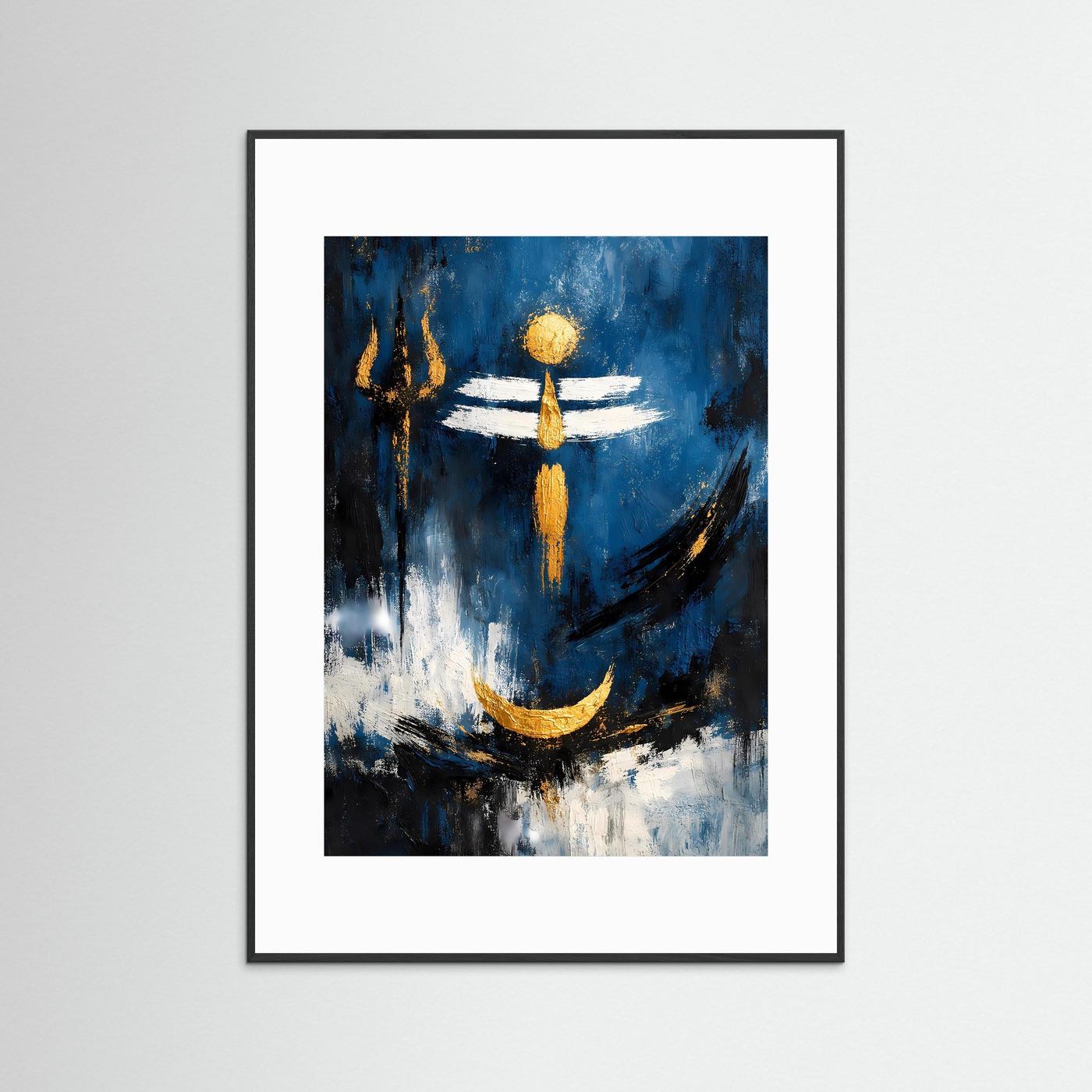 Shiva-Symbol Poster, goldene Figur, tiefblauer Hintergrund, schwarzer Rahmen