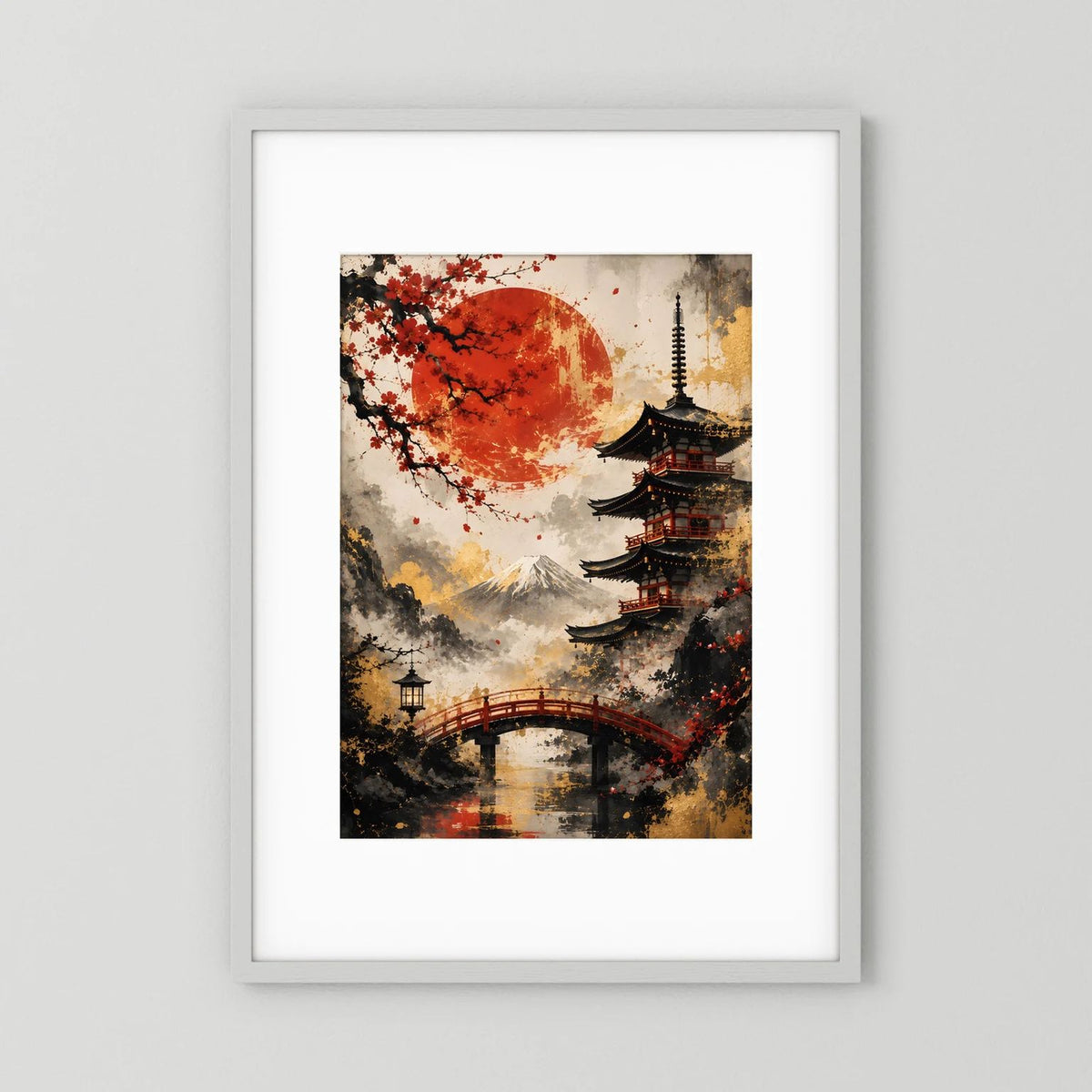 Gerahmtes Japan-Poster im Hochformat mit Pagode, Kirschblüten und roter Sonne