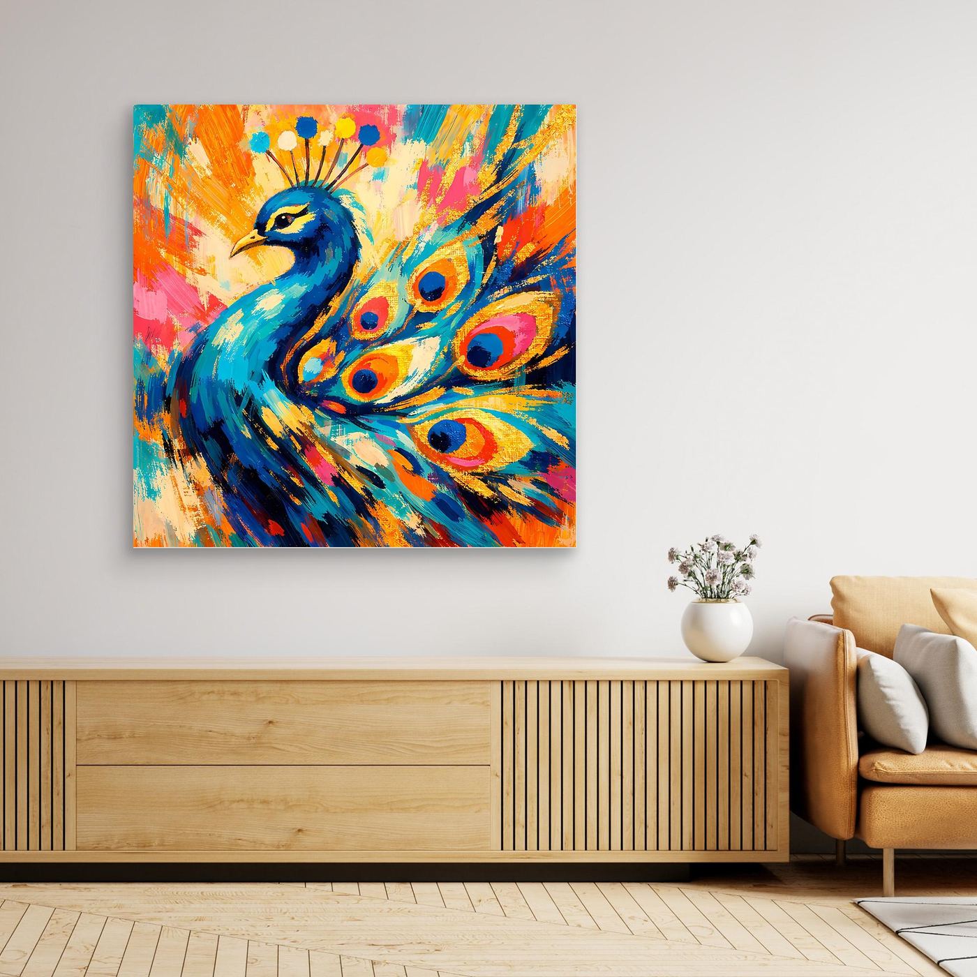 Leinwandbild mit abstraktem Pfau-Motiv, bunt, im goldfarbenen Holzrahmen