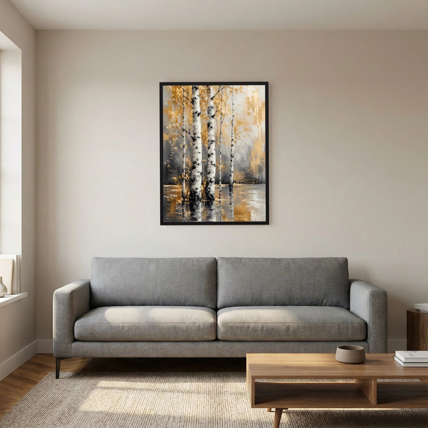Wandkunst: Poster mit Birkenstämmen in Weiß und Gold, schwarzer Rahmen