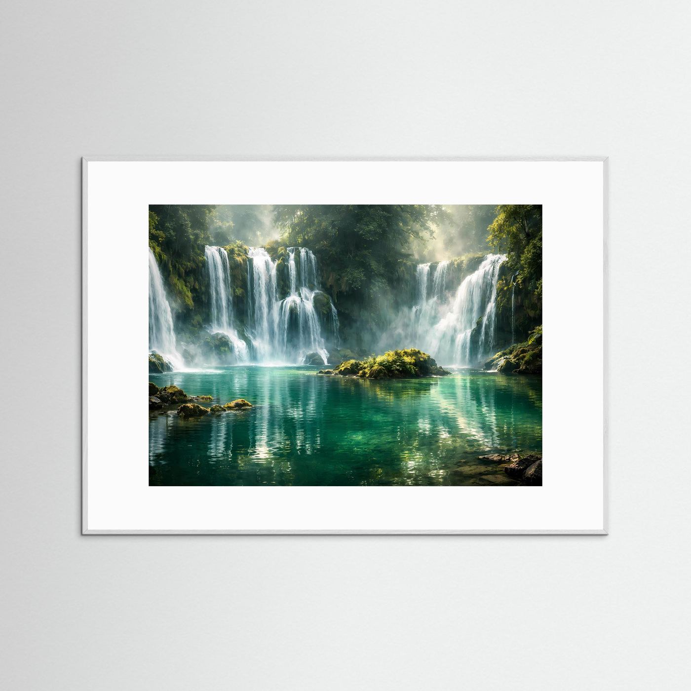 Idyllische Wasserfälle im Dschungel | Türkiser See & Natur Poster Querformat