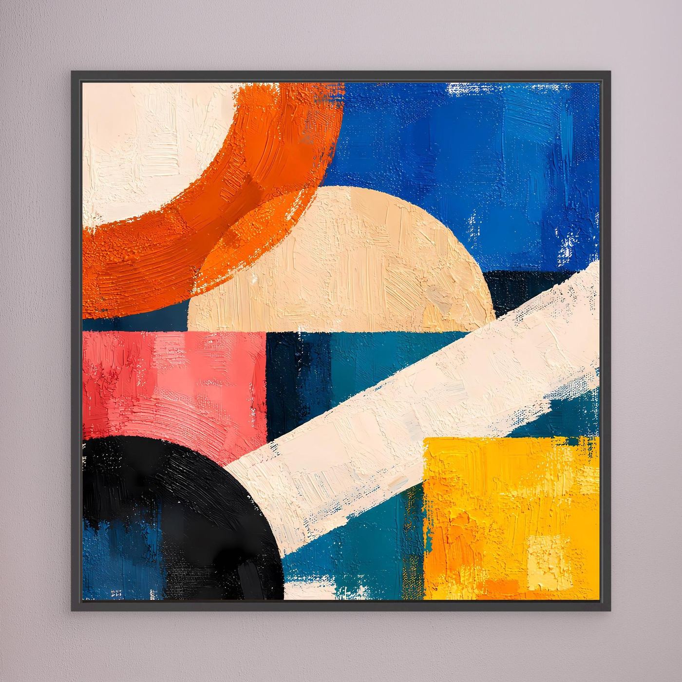 Abstract geometric canvas wall art with dark frame, blue orange red yellow abstract shapes