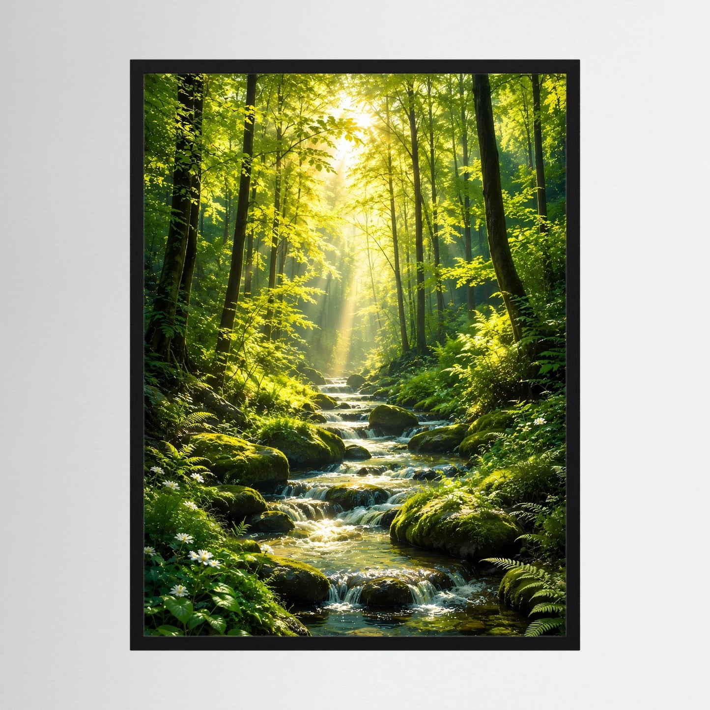 Poster im Hochformat mit schwarzem Rahmen: Wald mit Bach und Sonnenstrahlen.