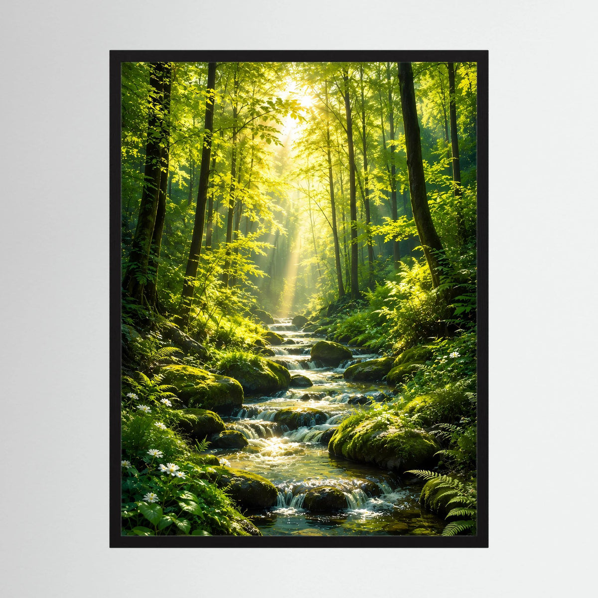 Poster im Hochformat mit schwarzem Rahmen: Wald mit Bach und Sonnenstrahlen.
