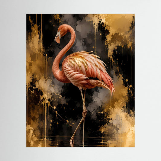 Hochformatiges Poster mit rosa Flamingo mit langem Hals und Goldakzenten