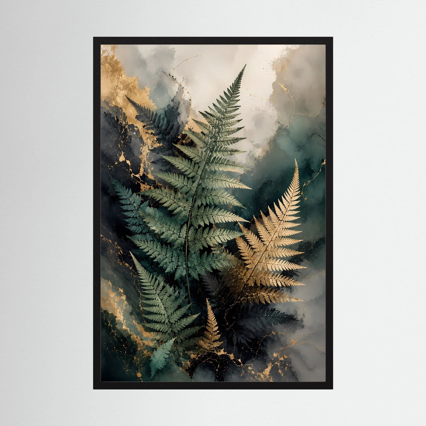 Edle Farnblätter in Grün & Gold | Botanische Kunst auf Marmoroptik | Poster Hochformat