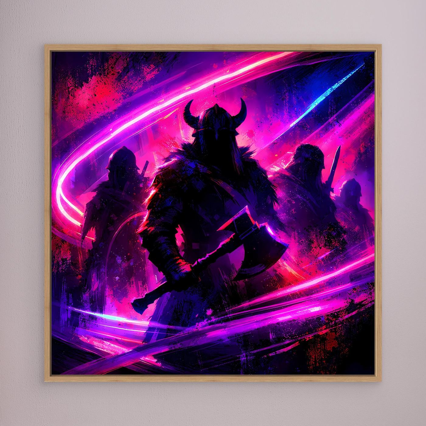Wandbild mit Wikingersilhouette und Neon-Pink/Lila Lichtbögen, Holzrahmen