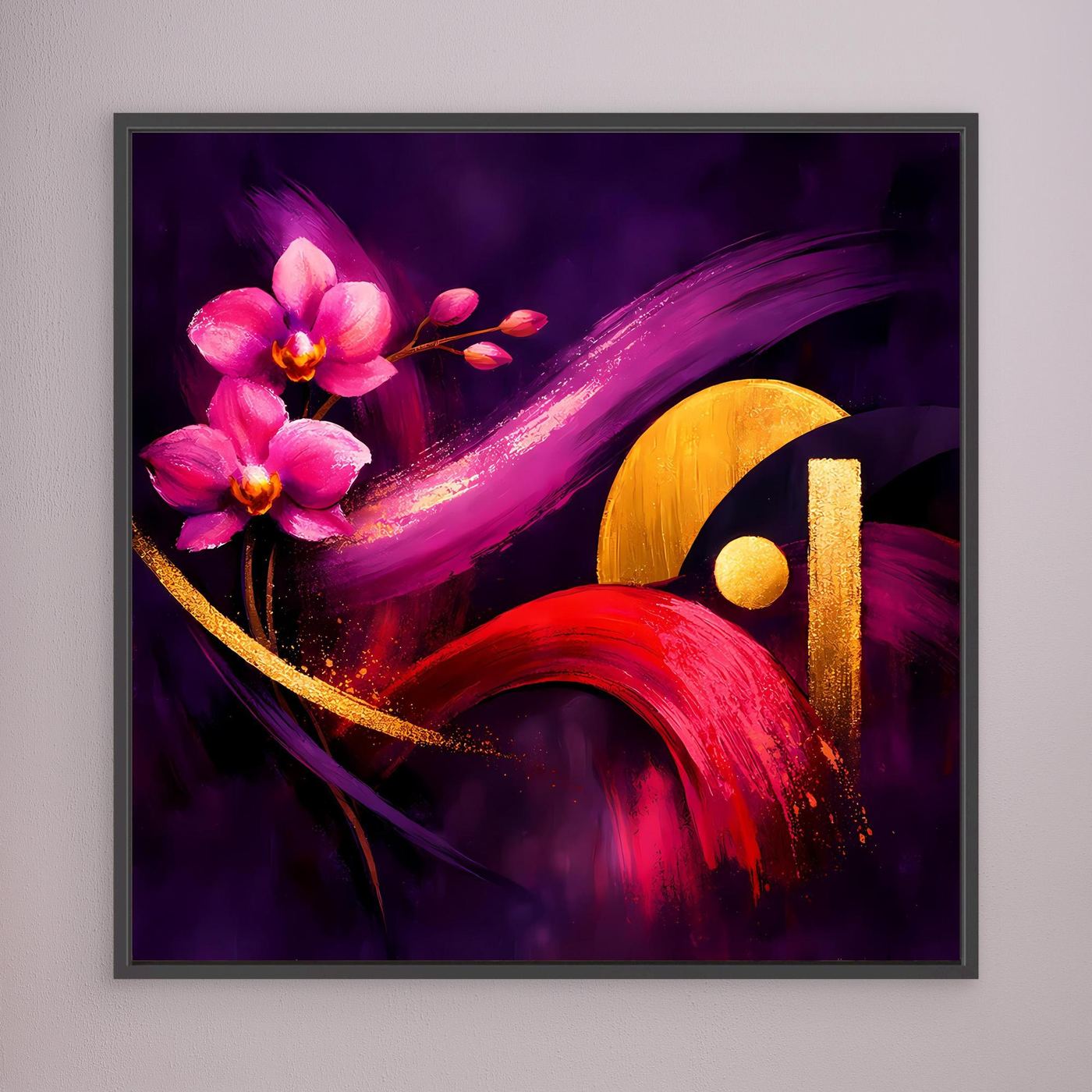Leinwandbild mit rosa Orchideen und Goldakzenten in dunkellila, im grauen Rahmen