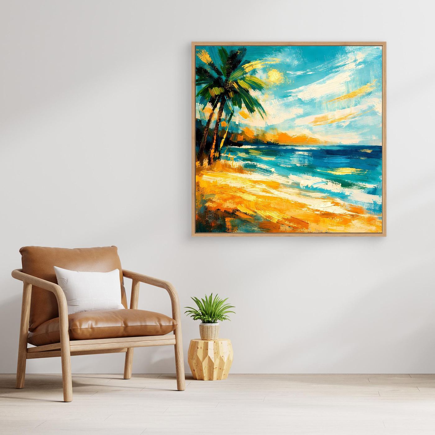 Leinwandbild mit abstrakter Palme am Strand, türkis-blaues Meer, goldfarben gerahmt