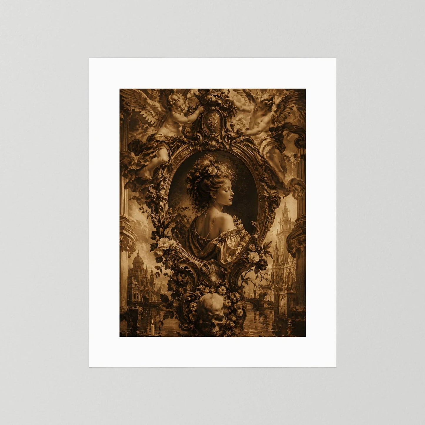 Gothic-Poster im Hochformat mit barocker Frau, Engelsdarstellungen und Blumenornamenten im Goldton