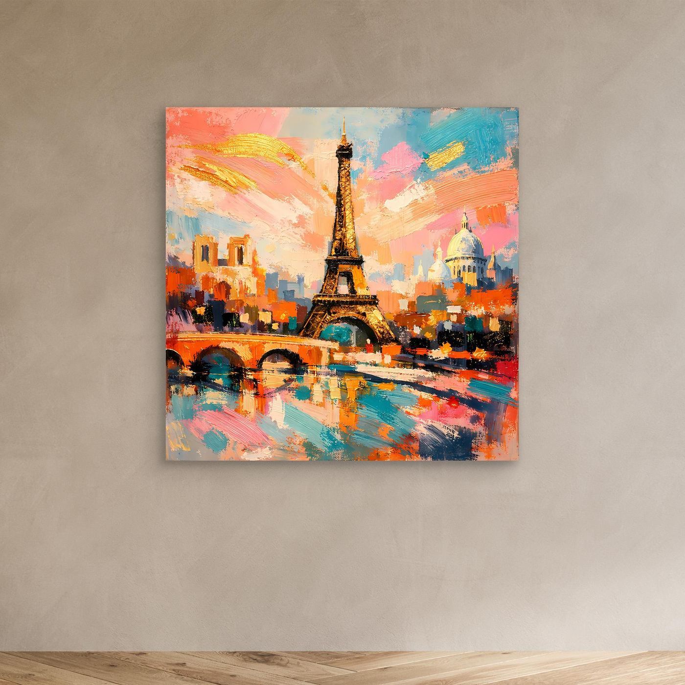 Unrahmtes Leinwandbild mit Eiffelturm und Pariser Skyline, buntes abstraktes Stadtbild