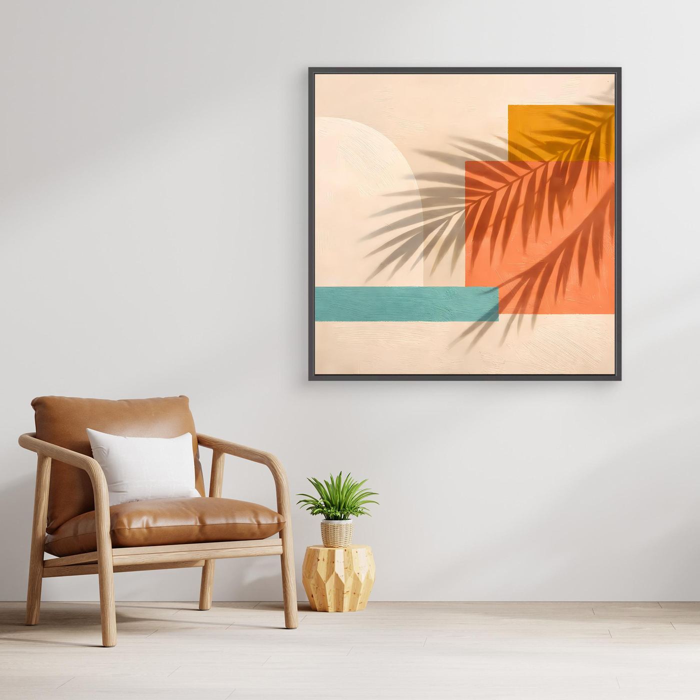 Leinwand Abstrakte Geometrie mit Palmenschatten | Modernes Boho Wandbild Terracotta