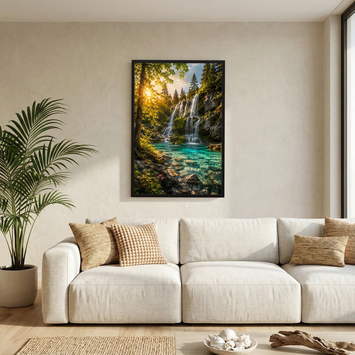 Wasserfall-Poster mit schwarzem Rahmen, türkisfarbenes Wasser im Wald, Hochformat