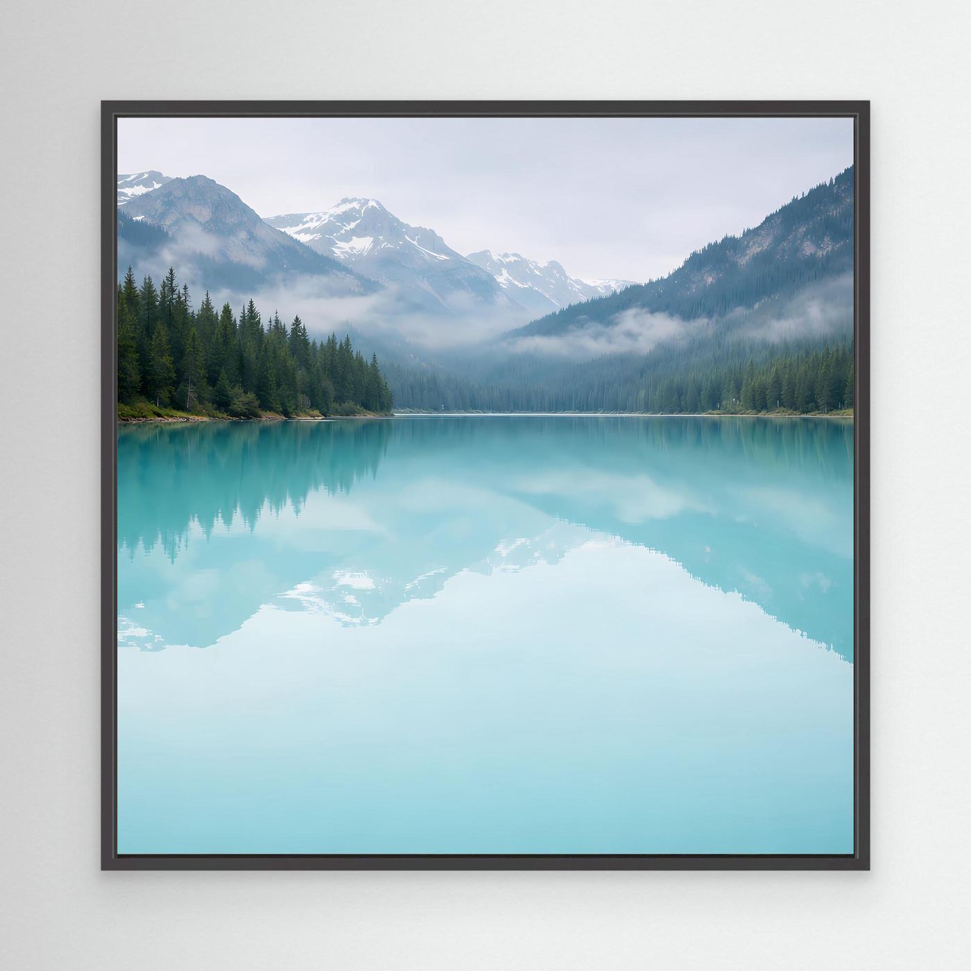 Leinwandbild mit türkisfarbenem Bergsee, Spiegelung und Nadelwald im schwarzen Rahmen