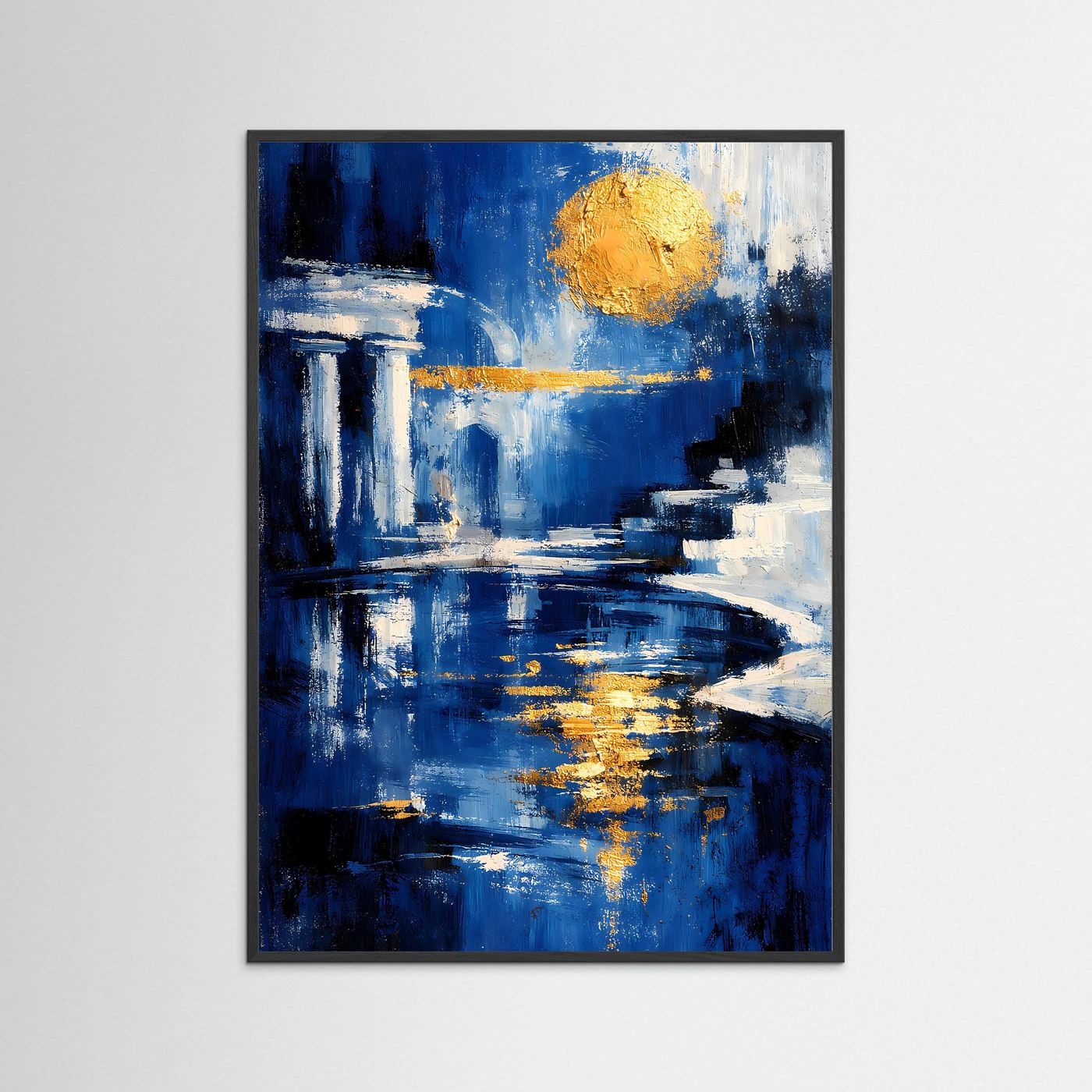 Abstraktes Rom-Poster mit schwarzem Rahmen, Nachtblau und gelber Mond über Wasser
