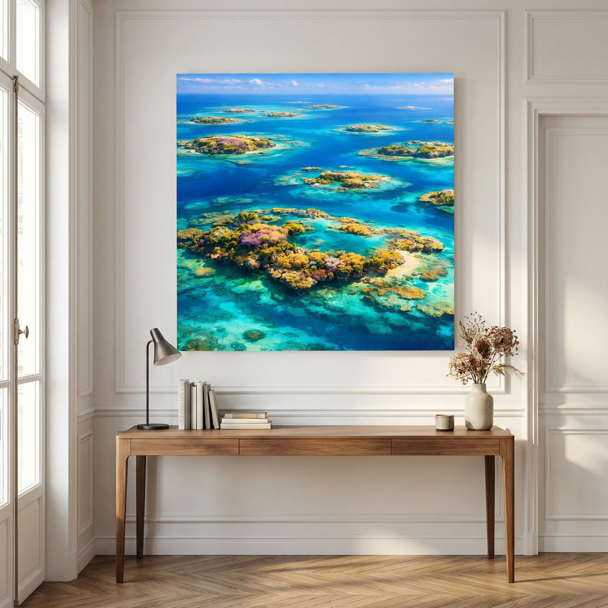 Wandbild mit tropischem Atoll auf Holzkeilrahmen, Inselgruppen und flaches Wasser in Türkis