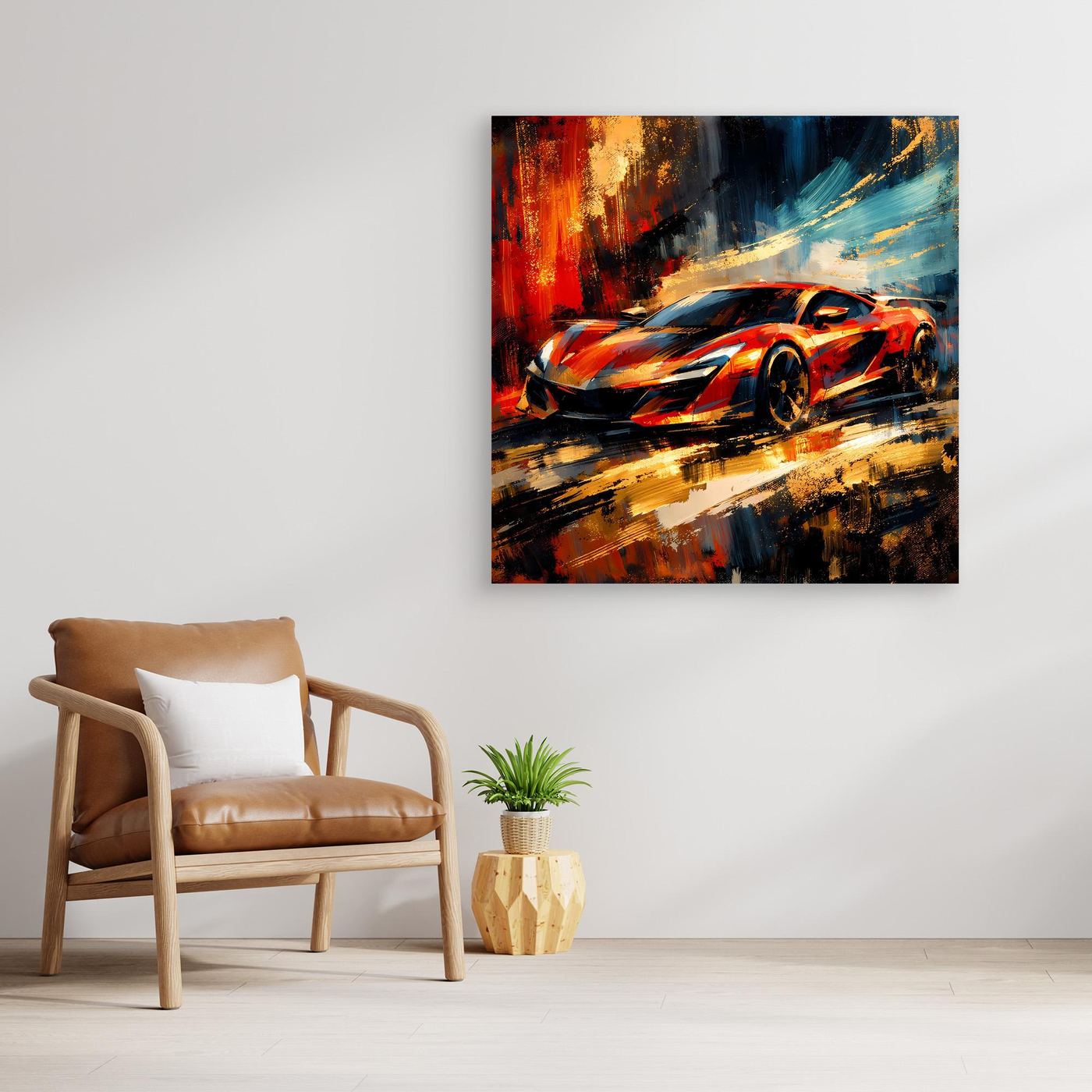 Leinwandbild mit Holzrahmen: abstraktes rotes Sportauto in Orange-, Blau- und Gelbnuancen