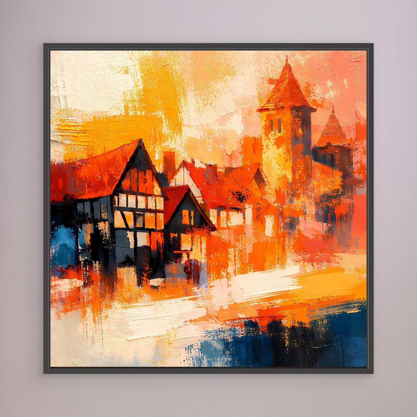Premium Leinwand Romantische Altstadt im Farbenrausch | Modernes Fachwerk Wandbild abstrakt