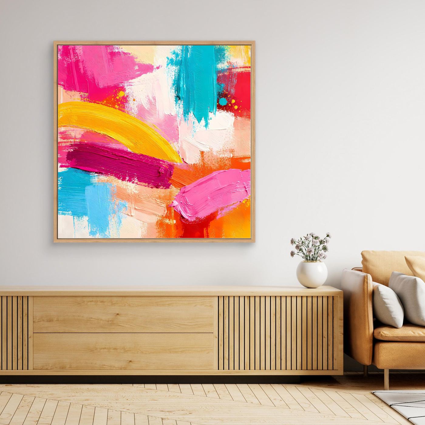 Abstract pastel wall canvas in oak frame with pink, teal, yellow and orange paint strokes