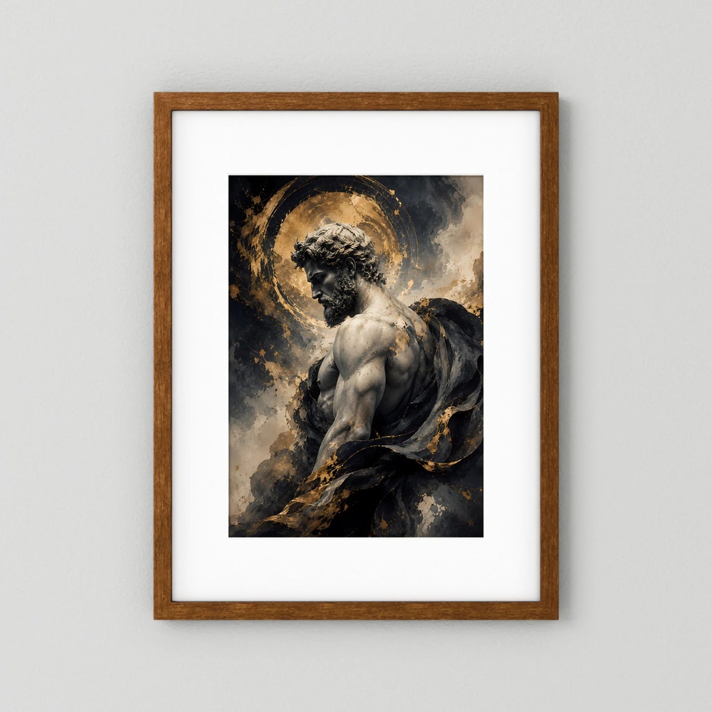Hochformatiges Kunstposter mit gold umkränztem Kopf: nackte Statue, dunkle Drapierung.