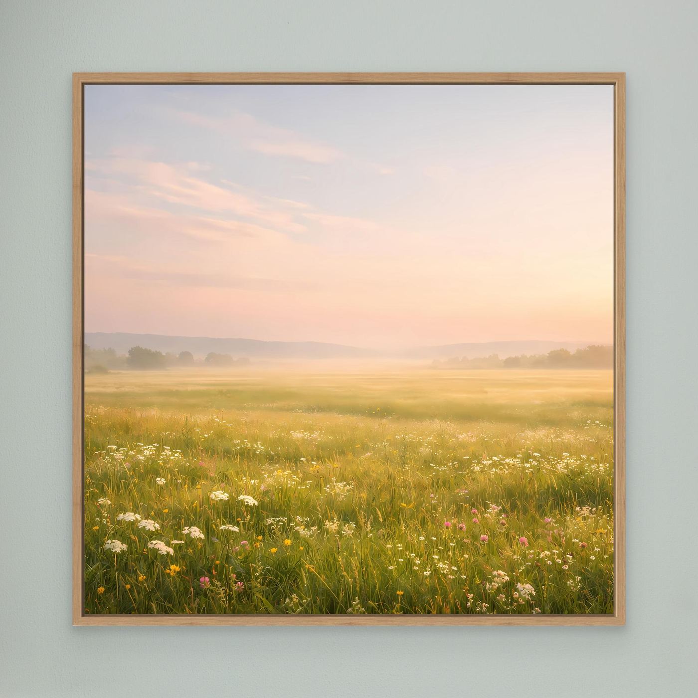 Leinwandbild Neblige Blumenwiese mit Wildblumen im Eichenrahmen, goldgrüne Wiese