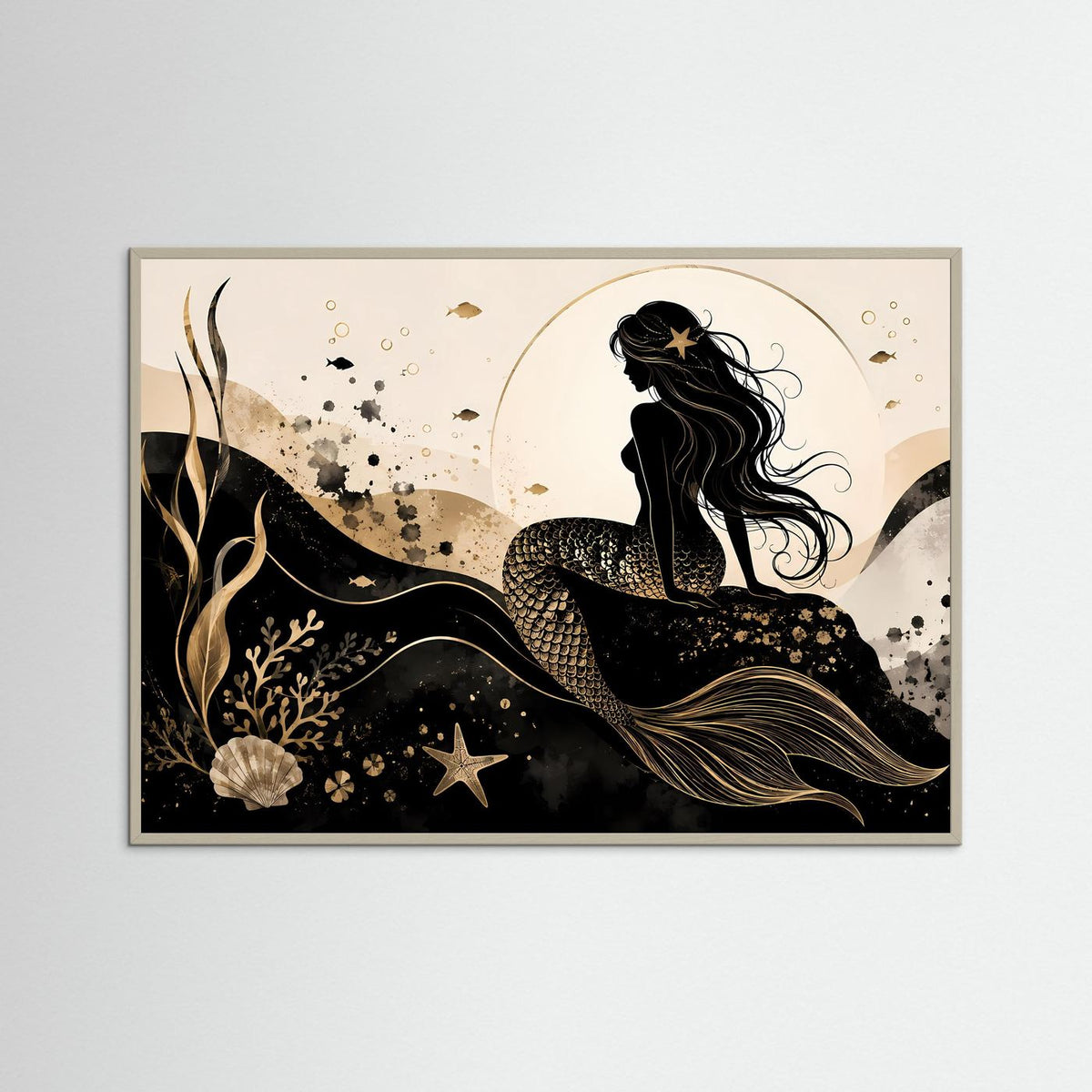 Querformat-Poster mit Meerjungfrau in Schwarz & Gold im grauen Rahmen