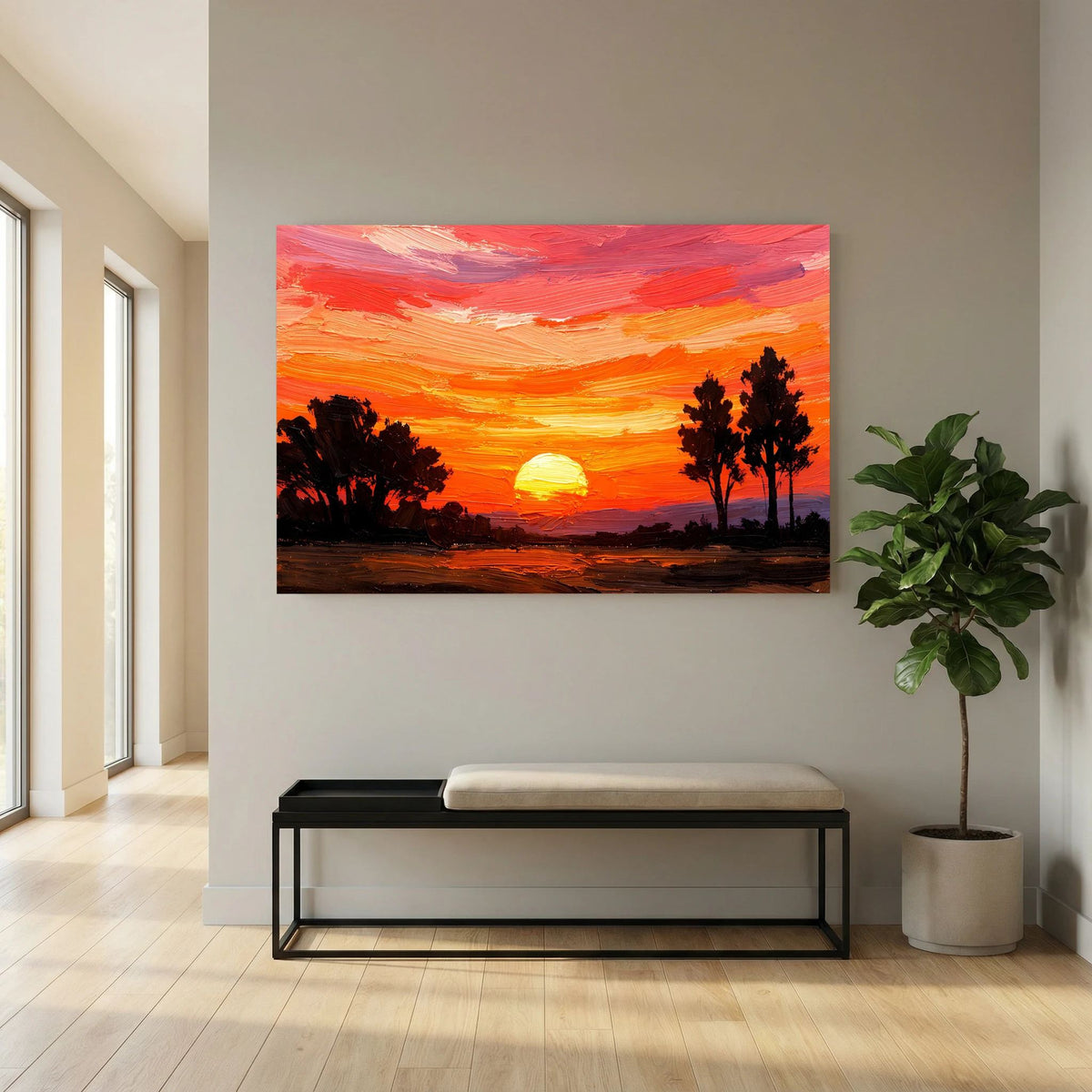 Acryl-Kunstwerk im Querformat in modernem Raum: Sonne im orange-roten Himmel mit Bäumen