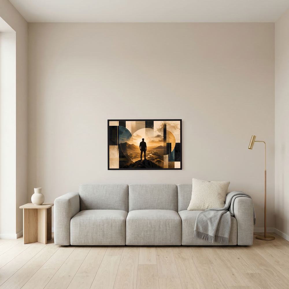 Wandbild im Querformat mit Mann vor Berglandschaft, gold-schwarz im schwarzen Rahmen
