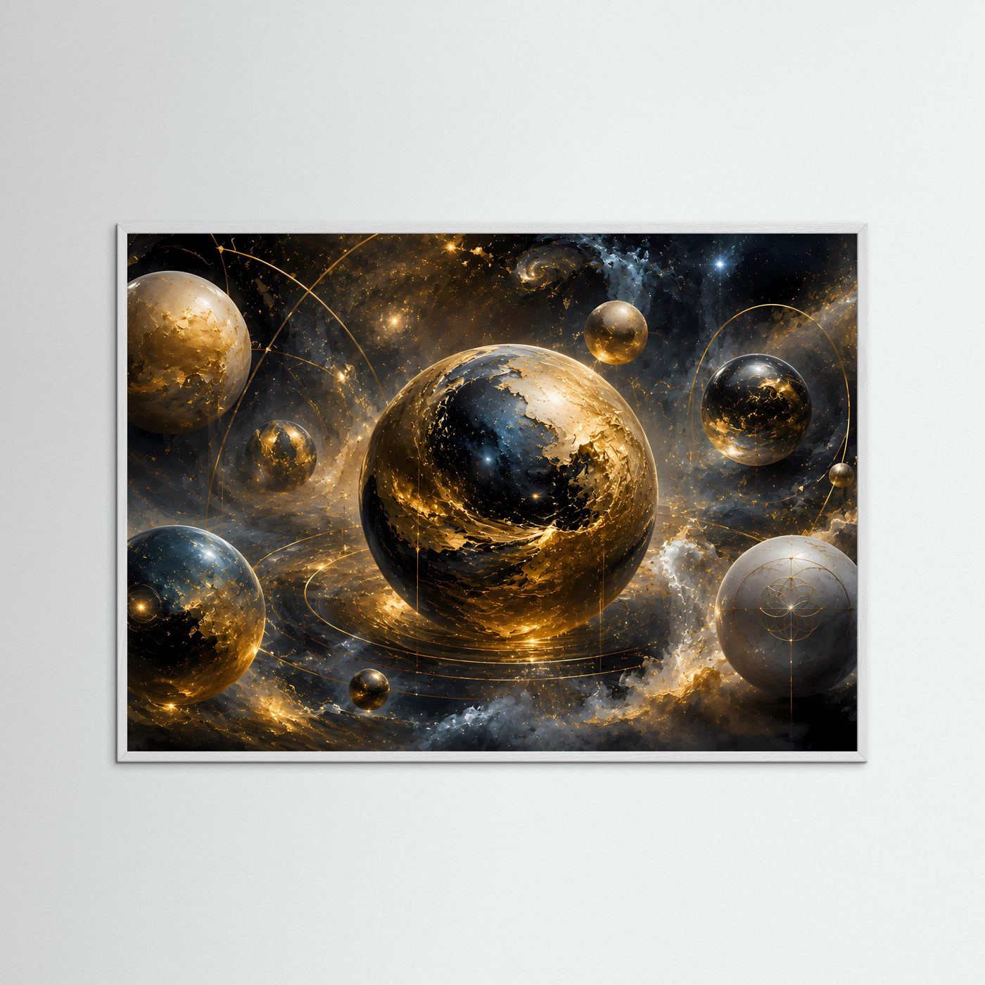 Kosmisches Sphären-Poster mit mehreren Planeten, goldene Lichtpunkte, gold-schwarz, braun gerahmt