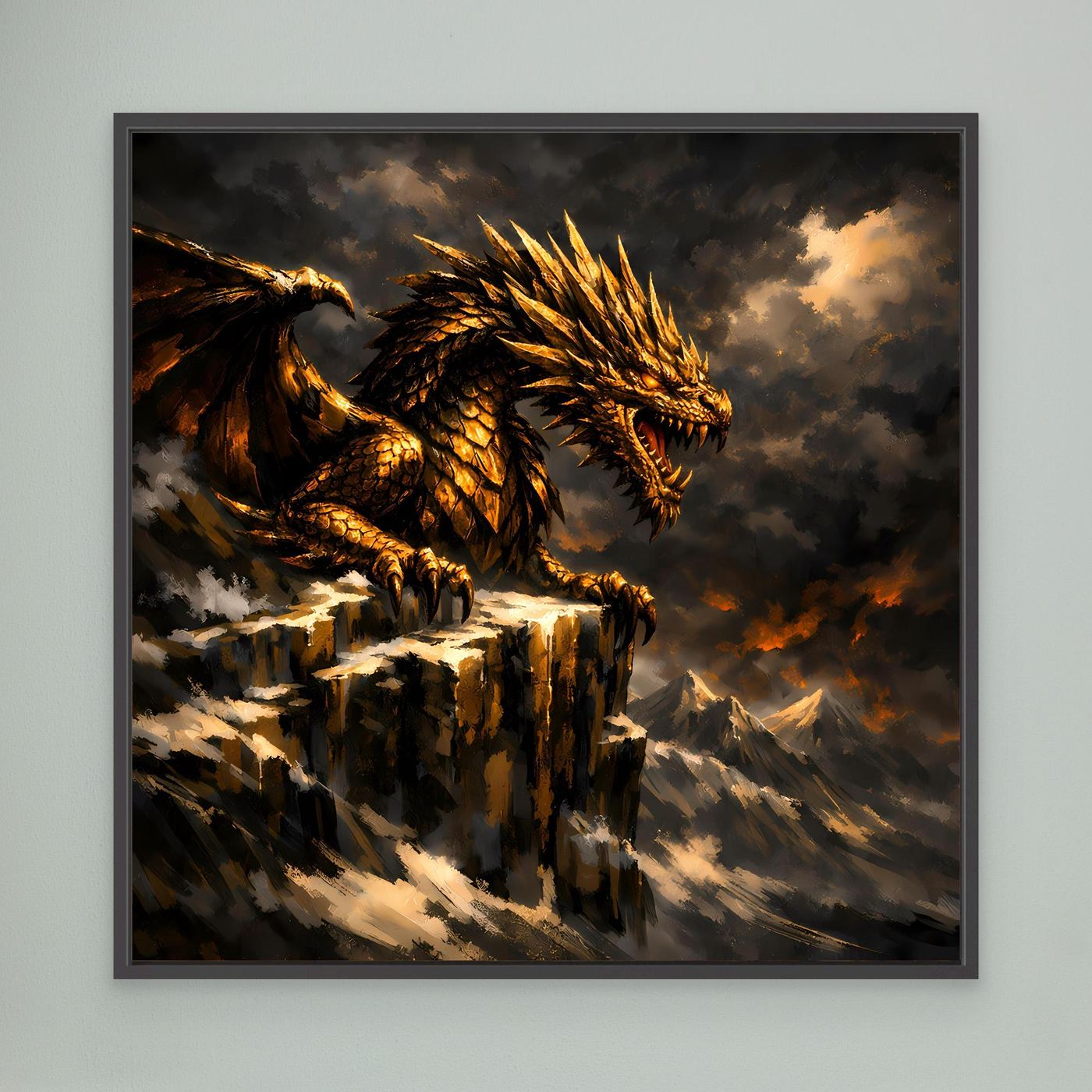Leinwand Goldener Drache auf Felsgipfel | Episches Fantasy-Wandbild auf Keilrahmen