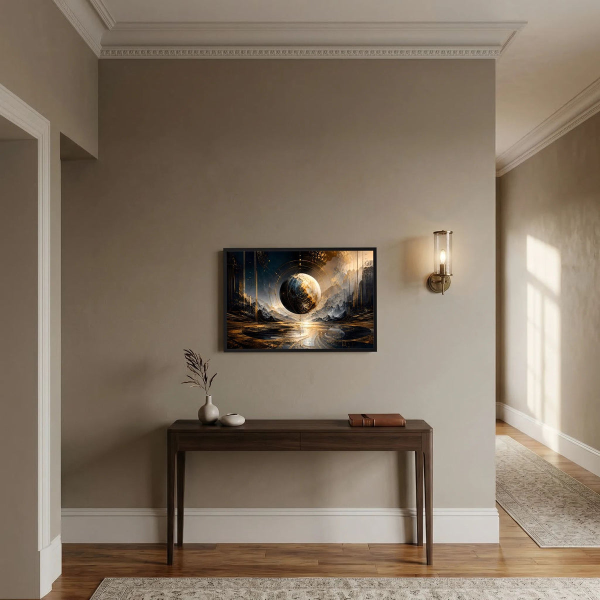 Weltkugel-Poster mit Gold-Schwarz-Planetensphäre, gerahmt und an hellen Wänden