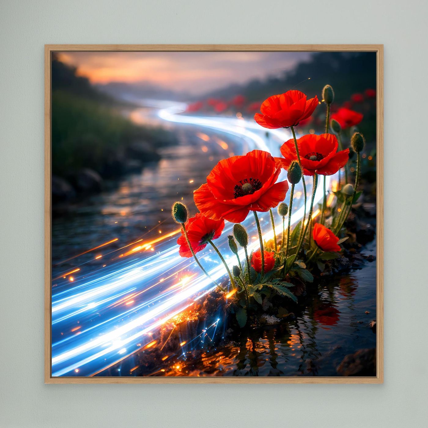 Leinwandbild: rote Mohnblumen am Bachlauf mit blauen Lichtspuren im Eichenrahmen