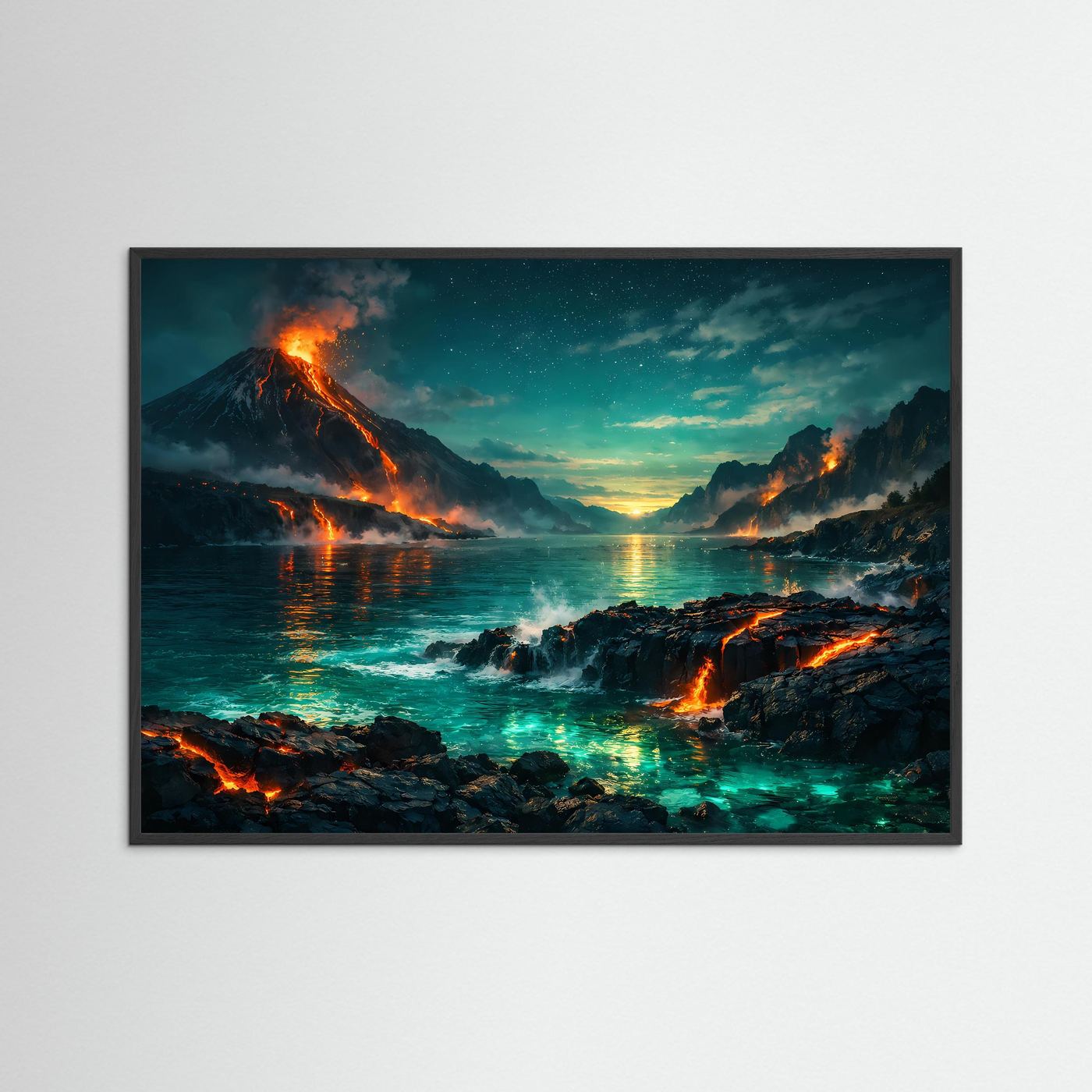 Wandbild Vulkanlandschaft am Meer: Lavaflammen und Meerblick, dunkler Rahmen