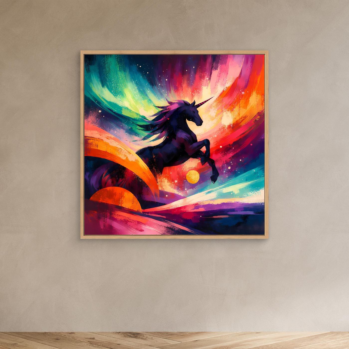 Leinwandbild mit schwarzem Einhorn auf abstraktem Regenbogen, heller Holzrahmen
