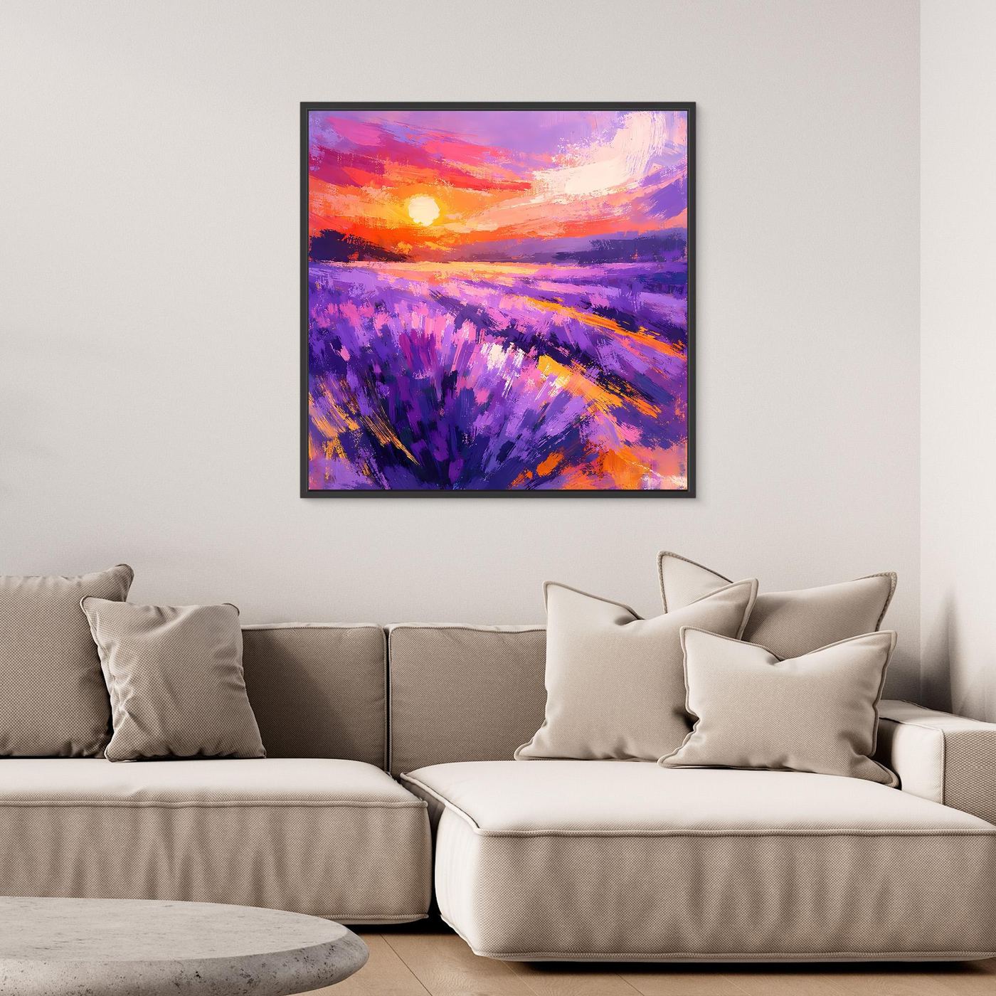 Framed abstract lavender field sunset canvas with purple lavender rows and orange sun
